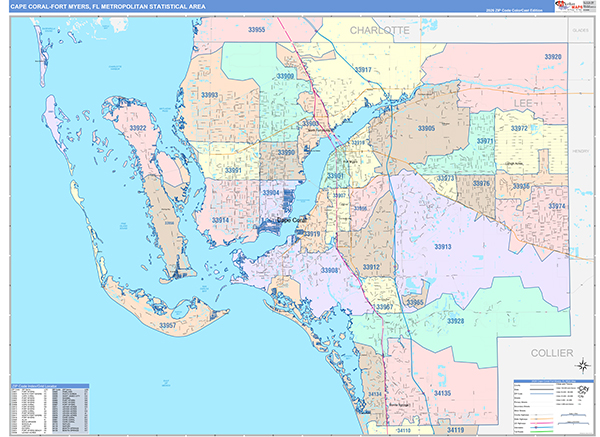 Cape Coral-Fort Myers Metro Area Wall Map Color Cast Style